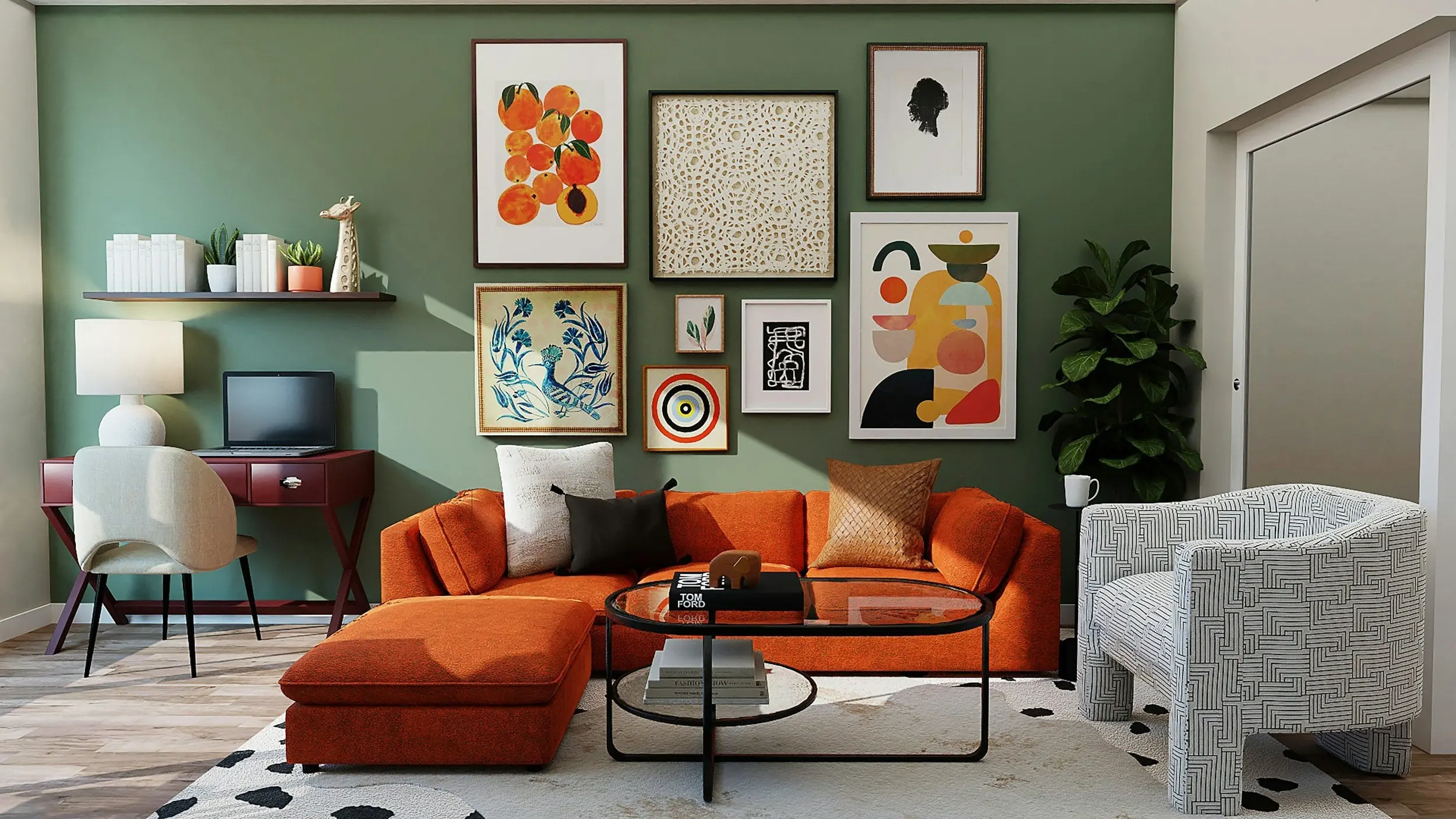 Modern living room with green wall, orange sectional sofa, curated gallery wall art, and round glass coffee table