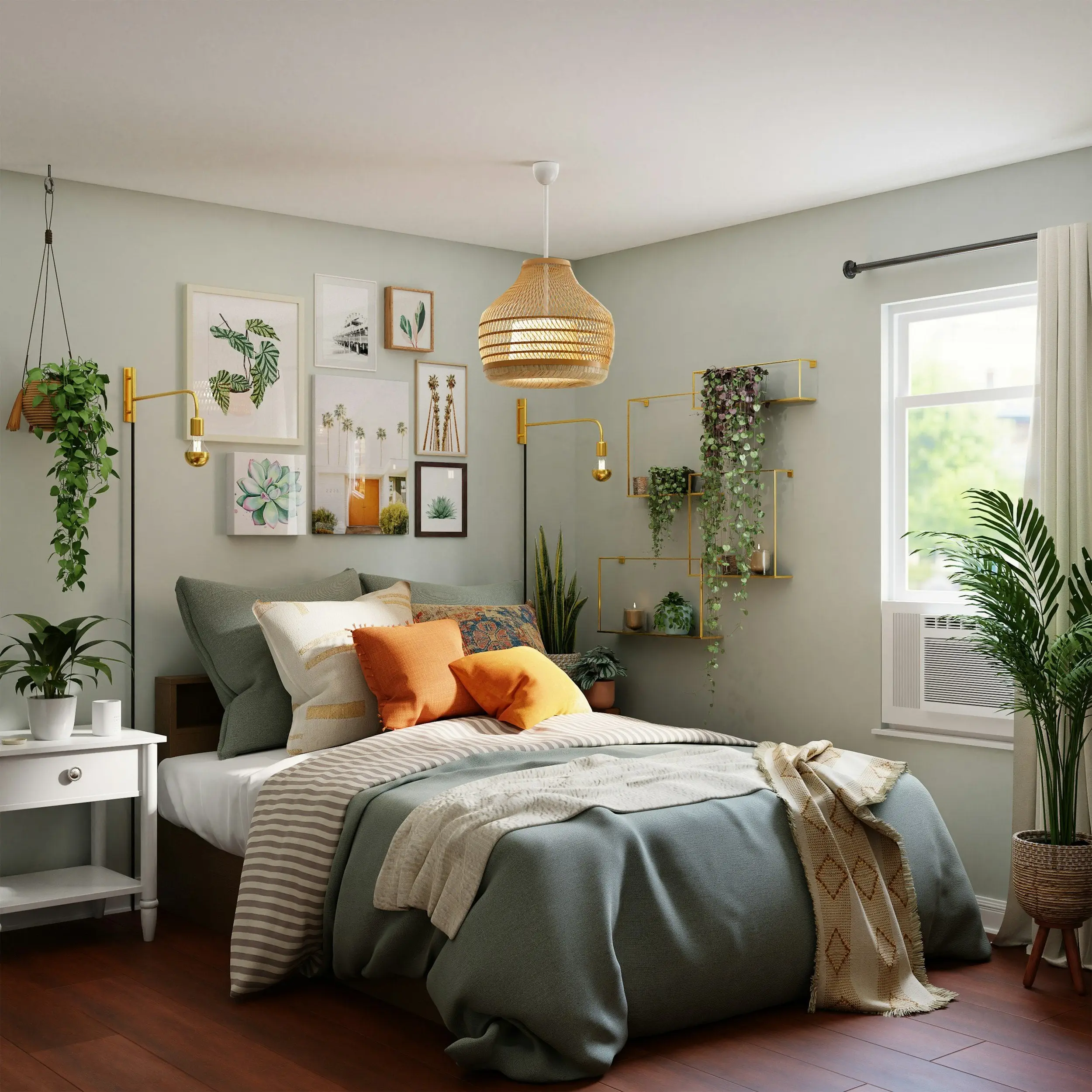 Inviting bedroom with layered bedding, warm accent pillows, framed wall art, and soft lighting in a thoughtfully designed interior.